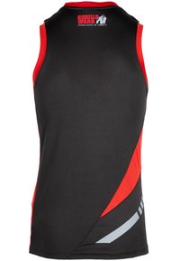 Schwarzes ärmelloses Tanktop mit roten Akzenten. Ausgestattet mit einem Logo auf dem Rücken, einer glatten Textur und grauen Streifendetails an der Seite.