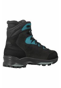 Schwarzer Wanderschuh mit hellblauen Akzenten, aus strapazierfähigem Leder und synthetischen Materialien, ausgestattet mit Metallösen und einer strukturierten Sohle.