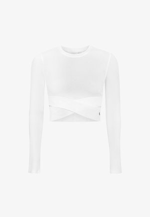 Witte lange mouwen cropped top van zachte stof, met een gedraaide uitstraling bij de taille en een ronde halslijn.
