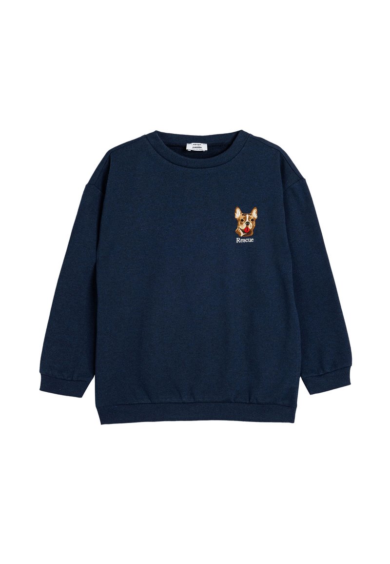 Sudadera azul marino hecha de un tejido suave, con cuello redondo y mangas largas. Gráfico de un perro bordado con el texto "Rescate" en el pecho.