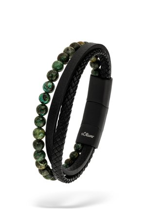 Black leather and braided bracelet paired with green marble beads, featuring a black magnetic clasp engraved with "s.Oliver."