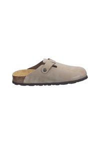 Zoccolo in pelle beige con una fodera in suede marrone, sole in sughero, dettaglio hardware circolare e suola in gomma nera. Design aperto sul retro per una facile calzata.