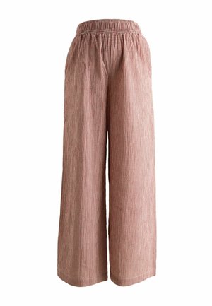 Højtaljede bukser med vid ben i lille rød og hvid ginghamternet mønster med elastisk linning, vist på en hvid baggrund.