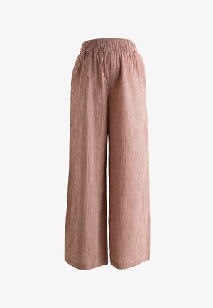 High-waisted wide-leg pants in small red and white gingham pattern with elastic waistband, shown on a white background.