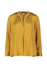 Senfgelb bluse mit langen ärmeln, V-Ausschnitt, gerafftem hals und knöpfbaren manschetten, aus einem glatten, glänzenden stoff gefertigt.