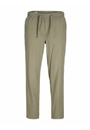 Pantaloni kaki, fabricați dintr-un material moale, cu un brâu elastic și șnur, croi drept și fără modele sau accente vizibile.