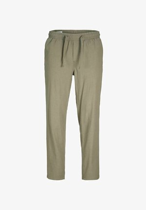Pantaloni khaki, realizzati in tessuto morbido, con vita elastica e cordoncino, vestibilità dritta e senza motivi o accenti evidenti.