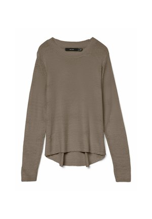 Bruin wollen trui met lange mouwen en een gestructureerde, losse weving. Heeft een ronde halslijn en een iets gekromde zoom, wat zorgt voor een ontspannen pasvorm.