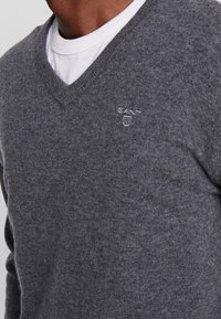 Grijze wollen v-hals trui, met een subtiele heather textuur en een klein geborduurd logo op de borst, gedragen over een wit T-shirt.