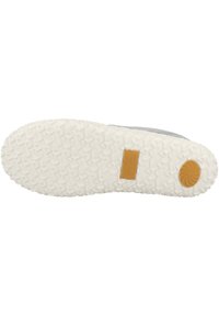 Grau sneaker-Sohle mit einer dicken weißen Gummibasis, strukturiertem Profilmuster und einem braunen kreisförmigen Akzent mit dem Markenlogo.