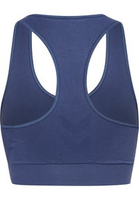 Mörkblå sportbh med racerback-design, som har ett mjukt material, breda axelband och en enhetlig textur med en subtil lyster.