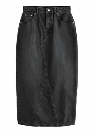 Fustă midi din denim negru cu croială dreaptă, detaliu cu slit frontal, design cu cinci buzunare și închidere cu nasture metalic la talie.