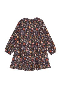 Langärmliges Kleid aus dunkelblauem Stoff, verziert mit bunten Blumenmustern, die Blätter, Blumen und geometrische Formen zeigen.