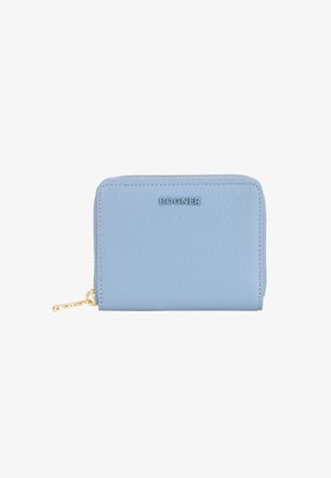 Portefeuille en cuir bleu clair avec une finition texturée, fermeture éclair dorée et logo "BOGNER" en relief à l'avant. Forme rectangulaire.