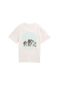 Weißes Baumwoll-T-Shirt mit einem bunten Grafikdruck von Wellen und Bäumen sowie dem Text "BEACHIN" in einer fetten, stilisierten Schrift. Kurze Ärmel.