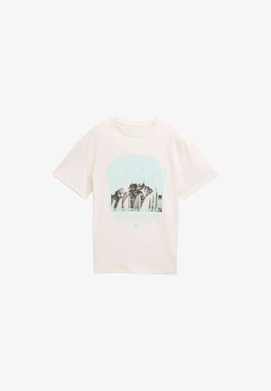 Weißes Baumwoll-T-Shirt mit einem bunten Grafikdruck von Wellen und Bäumen sowie dem Text "BEACHIN" in einer fetten, stilisierten Schrift. Kurze Ärmel.