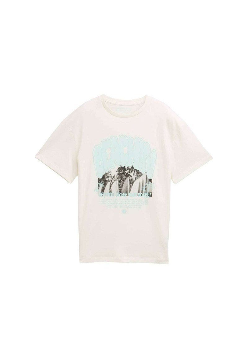 Weißes Baumwoll-T-Shirt mit einem bunten Grafikdruck von Wellen und Bäumen sowie dem Text "BEACHIN" in einer fetten, stilisierten Schrift. Kurze Ärmel.