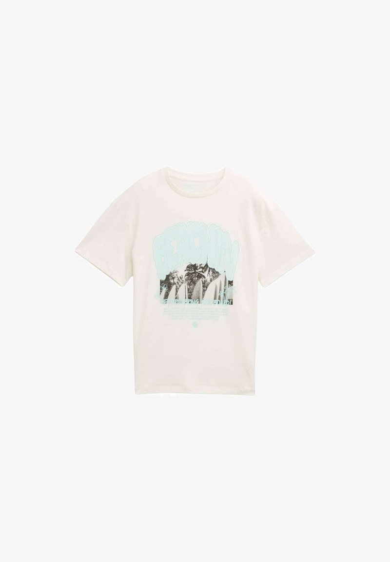 Weißes Baumwoll-T-Shirt mit einem bunten Grafikdruck von Wellen und Bäumen sowie dem Text "BEACHIN" in einer fetten, stilisierten Schrift. Kurze Ärmel.