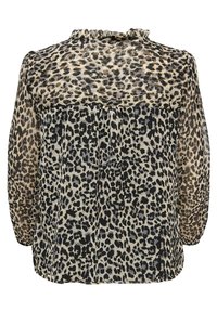 Blouse à imprimé léopard en tissu transparent, avec un col à volants et des manches longues à coupe décontractée. Palette de couleurs noire et beige.