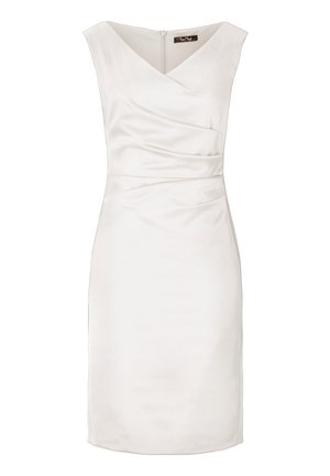 Biała sukienka do kolan z dekoltem w kształcie litery V i dopasowanym fasonem. Posiada marszczony materiał w talii oraz ukrytą zamek z tyłu.