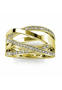 Gouden ring met verweven banden met een gladde afwerking en ingelegde heldere rhinestones langs de randen.