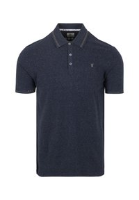 Navyblauw poloshirt van textuurstof, met een drieknopssluiting, contrasterende kraagstiksel en geborduurd logo op de borst.