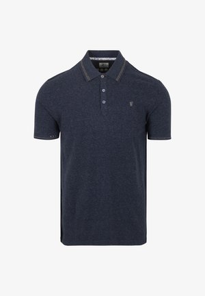 Navyblauw poloshirt van textuurstof, met een drieknopssluiting, contrasterende kraagstiksel en geborduurd logo op de borst.