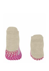 Para jasnobeżowych skarpet z różowymi akcentami i teksturowanymi podeszwami, widok od tyłu. Skarpety mają elementy gripu zapewniające przyczepność.
