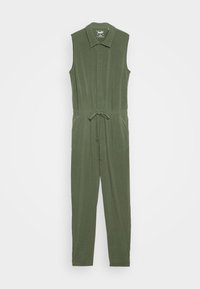 Olivově zelený bezrukávový overal s límečkem, předními knoflíky, stahovacími šňůrkami v pase a tapered nohavicemi. Měkká tkanina s hladkým povrchem.
