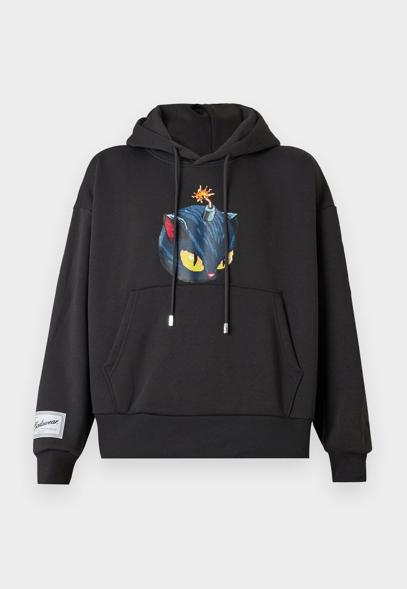 Schwarzer Kapuzenpullover aus Baumwolle, mit einem bunten Katzenmotiv und einer Bombe auf dem Kopf, einer Fronttasche sowie gerippten Bündchen und Saum.