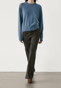 Pull en tricot bleu clair à manches longues avec ourlet côtelé, associé à un pantalon droit marron foncé et des chaussures marron. Fond uni.