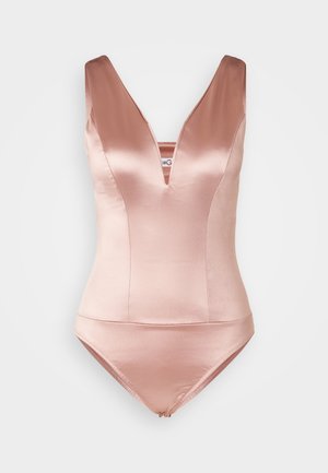Pink satin swimsuit with a deep V-neckline and wide shoulder straps. Features a fitted bodice and brief bottom cut. Smooth texture.