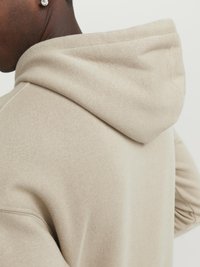 Beige hoodie featuring a soft, smooth texture, and a drawstring hood. Visible stitching details at the seams and a classic fit design.