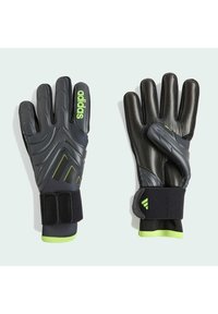 Zwarte keepershandschoenen met een gestructureerde grip, groene accenten, klittenbandsluitingen en het Adidas-logo. Voorzien van beschermende padding op de achterkant.