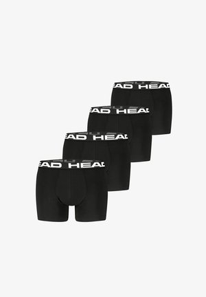 Vier schwarze Herren-Boxershorts mit breiten elastischen Taillenbändern, die mit "HEAD" in Weiß gebrandet sind, in einer abgestuften Reihe angeordnet.