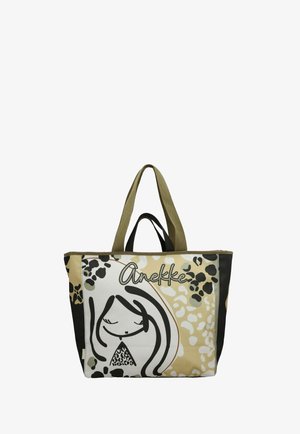 Beige-schwarze Tragetasche mit zwei Griffen, versehen mit einer stilisierten Mädchenillustration und dem Schriftzug "Anekke" mit Leopardenmuster-Akzenten.