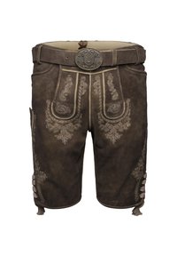 Braune Lederhosen mit filigraner heller Stickerei, einem breiten Gürtel und dekorativen Quasten an den Seiten. Verfügt über zwei Fronttaschen.