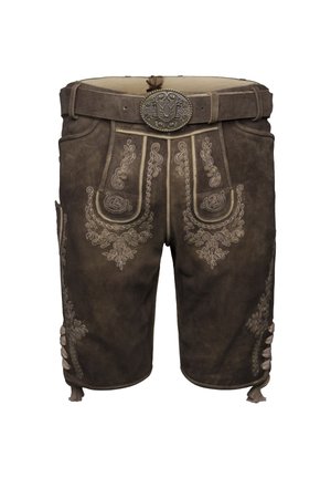 Shorts en cuir marron avec une broderie légère élaborée, une large ceinture et des franges décoratives sur les côtés. Comprend deux poches avant.