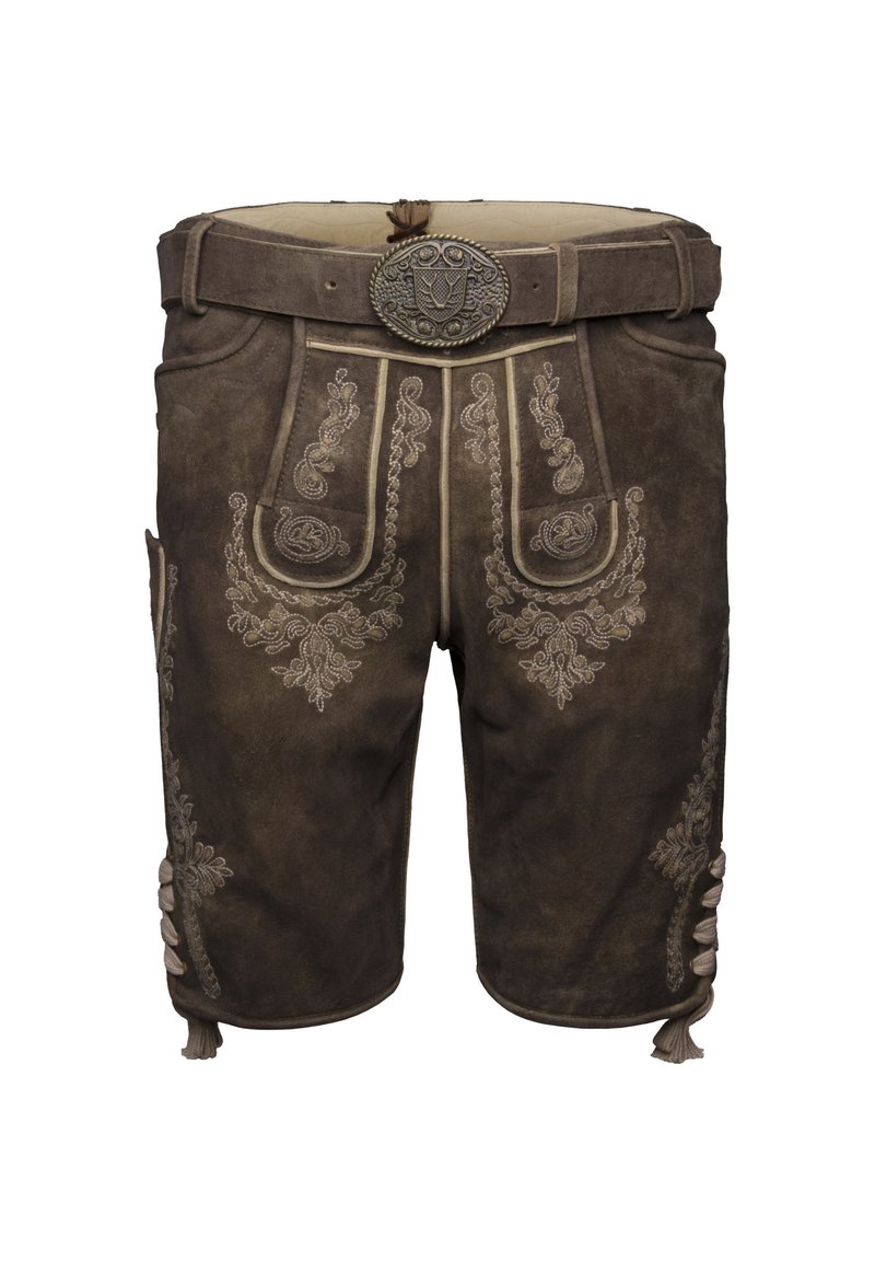 Braune Lederhosen mit filigraner heller Stickerei, einem breiten Gürtel und dekorativen Quasten an den Seiten. Verfügt über zwei Fronttaschen.