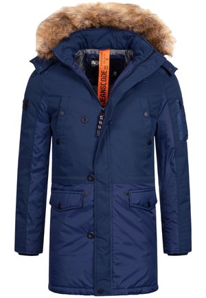 Marineblauer Parka mit einer Kapuze aus Kunstfell, mehreren Vorderflächen-Taschen und einem Reißverschluss mit Toggle. Ausgestattet mit einem Knopfverschluss und strukturiertem Stoff.