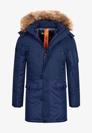 Marineblauer Parka mit einer Kapuze aus Kunstfell, mehreren Vorderflächen-Taschen und einem Reißverschluss mit Toggle. Ausgestattet mit einem Knopfverschluss und strukturiertem Stoff.