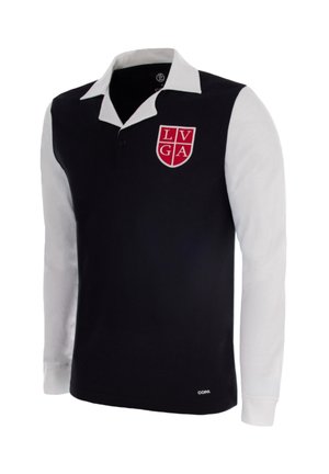 Rugbyshirt met lange mouwen, zwarte body, witte mouwen en kraag, en een rood LVGA schildlogo op de borst.