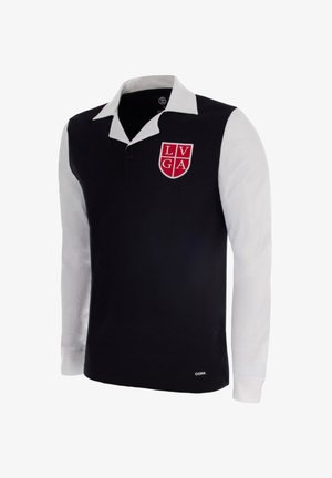 Rugbyshirt met lange mouwen, zwarte body, witte mouwen en kraag, en een rood LVGA schildlogo op de borst.
