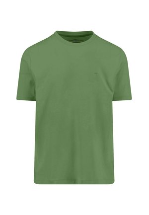 Schlichtes olivgrünes T-Shirt aus Baumwolle mit kurzen Ärmeln, Rundhalsausschnitt und dezentem, auf der linken Brustseite gesticktem Logo.