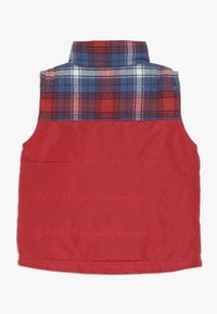 Czerwony bezrękawnik z wypełnieniem, z niebiesko-czerwonym kraciastym wysokim kołnierzem, widok z tyłu na białym tle.
