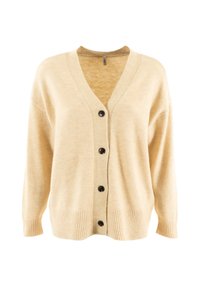 Cardigan in maglia beige con scollo a V profondo, chiusura con bottoni frontale e polsini e orlo a costine, caratterizzato da cinque bottoni neri. Texture morbida.