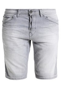 Short en denim gris clair avec fermeture à boutons et poches avant, présentant une texture subtilement délavée et des passants pour ceinture.