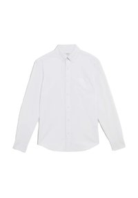 Weißes Langarmhemd aus Baumwolle. Mit einem Button-Down-Kragen, vorderen Knöpfen und einer einzelnen Brusttasche. Glatte Textur.