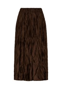 Brun, plisseret nederdel lavet af let, tekstureret materiale med elastisk talje, der falder til midt på læggen.