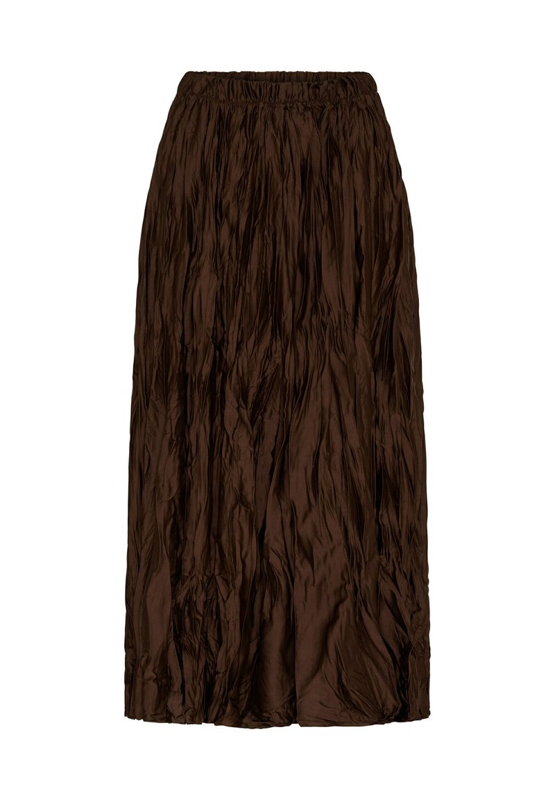 Brun, plisseret nederdel lavet af let, tekstureret materiale med elastisk talje, der falder til midt på læggen.